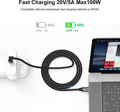 USB C Cable 10 FT 100W 20V/5A USB C to C Cable 10FT Braided Fast Charging Cable 480Mbps for Macbook Pro Ipad Air XPS Galaxy S23 S23+ S22 S21 Other USB C Devices 3M Gray